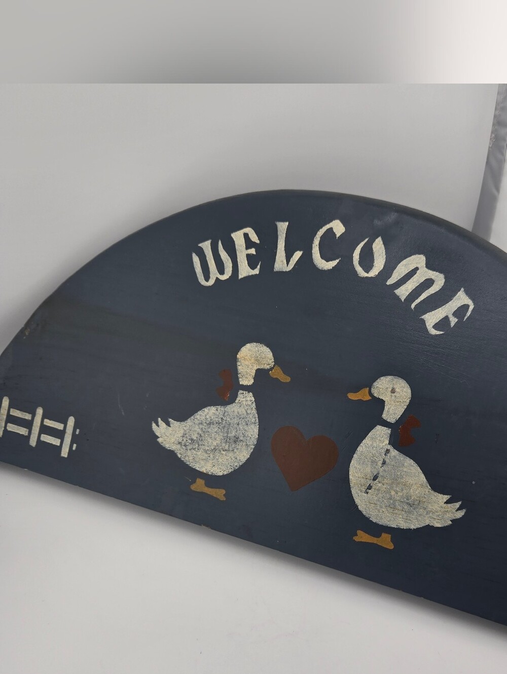 Vtg Cottage Core Wooden Welcome Goose Heart Sign 18.75x9.75